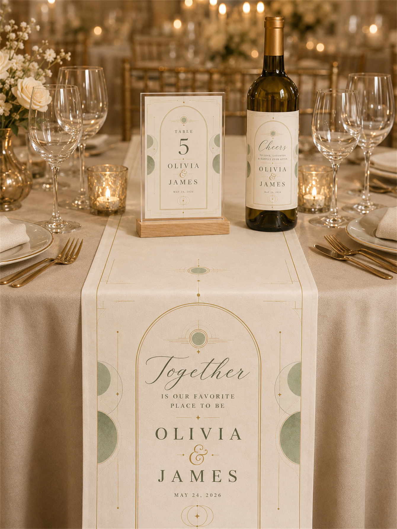 The geometric arch design in sage green and soft gold wedding decorations - a romantic and elegant wedding - customizes names and dates